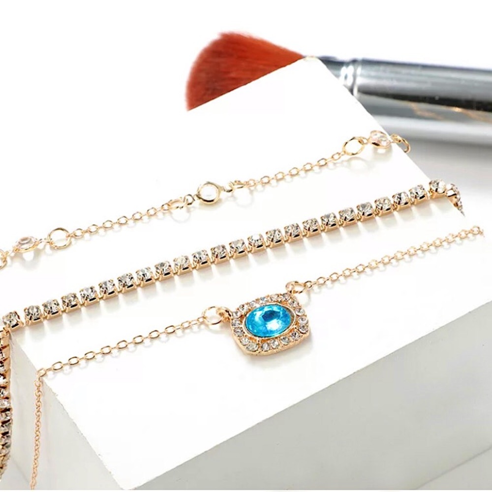 🔵𝟲𝟱%𝗢𝗙𝗙 𝗯𝘂𝗻𝗱𝗹𝗲𝘀 𝟯+🔵 NEW 3 Layered Blue Rhinestone Charm Gold Necklace - Picture 6 of 11